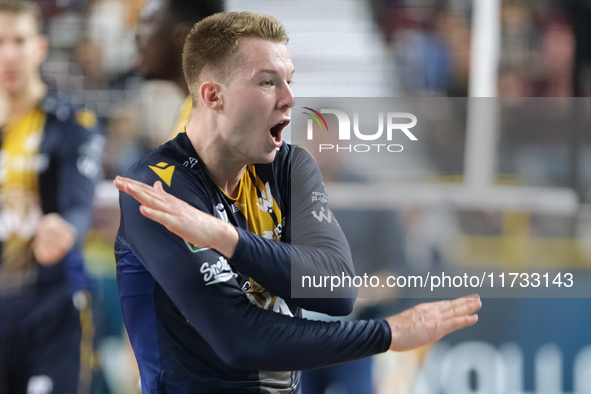 Rok Mozic of Rana Verona celebrates after scoring a point during the match between Rana Verona and Valsa Group Modena, regular season of the...