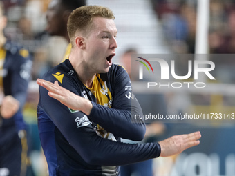 Rok Mozic of Rana Verona celebrates after scoring a point during the match between Rana Verona and Valsa Group Modena, regular season of the...