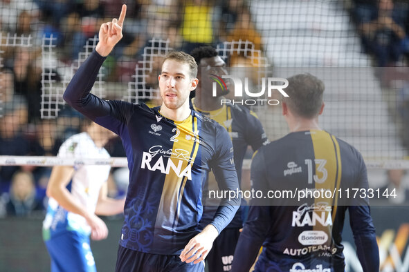 Lorenzo Cortesia of Rana Verona celebrates after scoring a point during the match between Rana Verona and Valsa Group Modena in the regular...