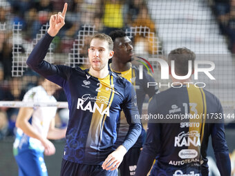 Lorenzo Cortesia of Rana Verona celebrates after scoring a point during the match between Rana Verona and Valsa Group Modena in the regular...