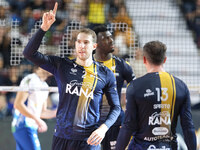 Lorenzo Cortesia of Rana Verona celebrates after scoring a point during the match between Rana Verona and Valsa Group Modena in the regular...