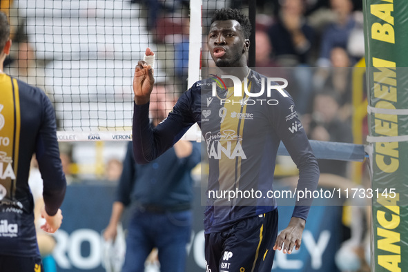 Noumory Keita of Rana Verona exults during the match between Rana Verona and Valsa Group Modena in the regular season of the SuperLega Itali...