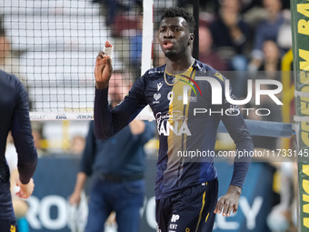 Noumory Keita of Rana Verona exults during the match between Rana Verona and Valsa Group Modena in the regular season of the SuperLega Itali...