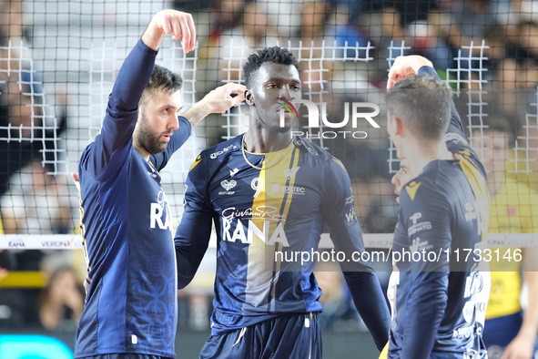 The Rana Verona team celebrates after scoring a point during the match between Rana Verona and Valsa Group Modena in the regular season of t...