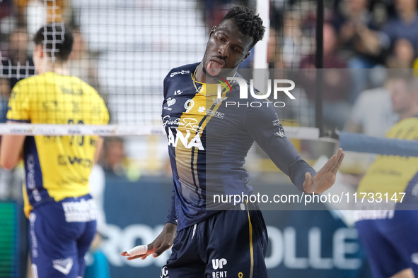 Noumory Keita of Rana Verona celebrates after scoring a point during the match between Rana Verona and Valsa Group Modena in the regular sea...