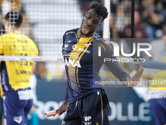 Noumory Keita of Rana Verona celebrates after scoring a point during the match between Rana Verona and Valsa Group Modena in the regular sea...