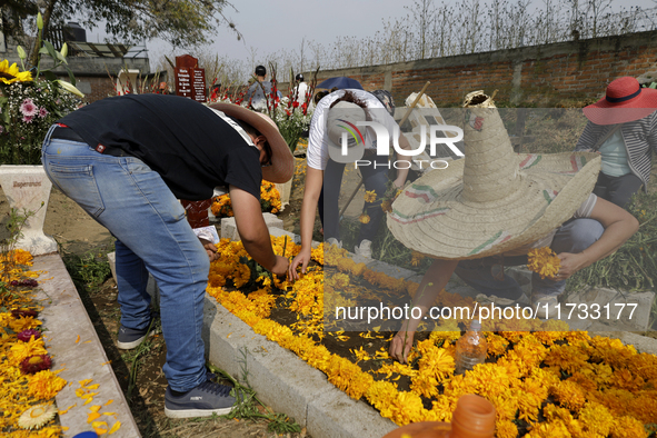 People attend the Tecomitl community pantheon in Mexico City, Mexico, on November 2, 2024, and decorate the graves of their deceased loved o...