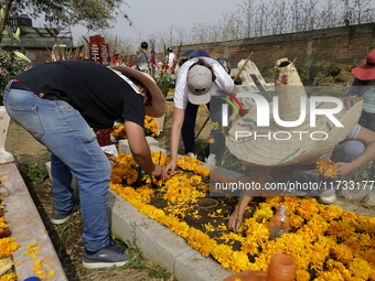 People attend the Tecomitl community pantheon in Mexico City, Mexico, on November 2, 2024, and decorate the graves of their deceased loved o...