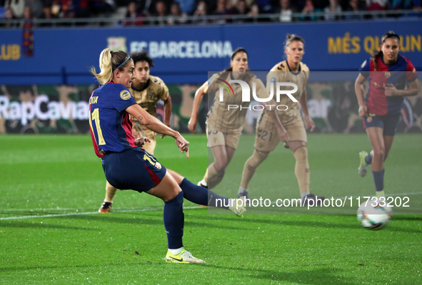 Alexia Putellas scores a penalty during the match between FC Barcelona Women and SD Eibar Women, corresponding to week 8 of the Liga F, play...