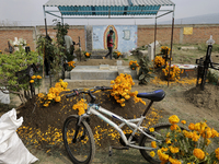 People attend the Tecomitl community pantheon in Mexico City, Mexico, on November 2, 2024, and decorate the graves of their deceased loved o...