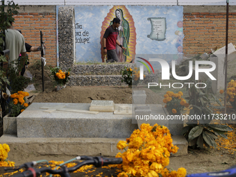 People attend the Tecomitl community pantheon in Mexico City, Mexico, on November 2, 2024, and decorate the graves of their deceased loved o...