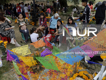 People attend the Tecomitl community pantheon in Mexico City, Mexico, on November 2, 2024, and decorate the graves of their deceased loved o...