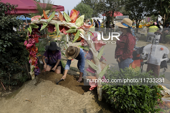 People attend the Tecomitl community pantheon in Mexico City, Mexico, on November 2, 2024, and decorate the graves of their deceased loved o...