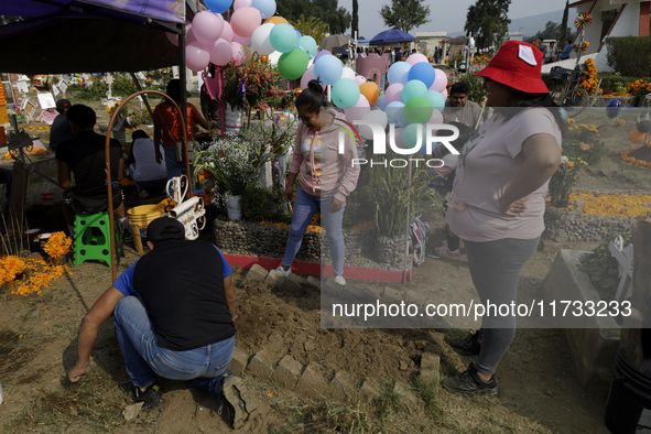 People attend the Tecomitl community pantheon in Mexico City, Mexico, on November 2, 2024, and decorate the graves of their deceased loved o...