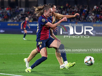 Caroline Graham Hansen and Eider Arana play during the match between FC Barcelona Women and SD Eibar Women, corresponding to week 8 of the L...