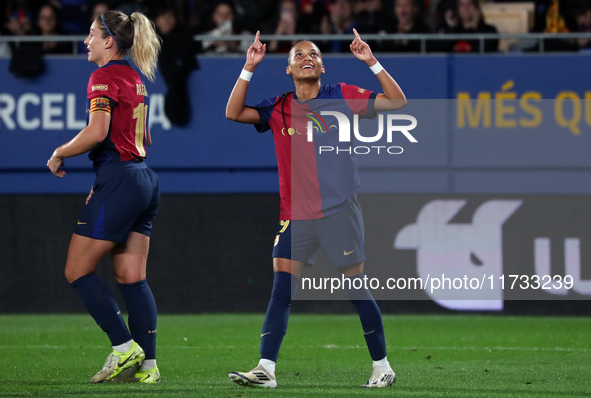 Vicky Lopez celebrates a goal during the match between FC Barcelona Women and SD Eibar Women, corresponding to week 8 of the Liga F, played...