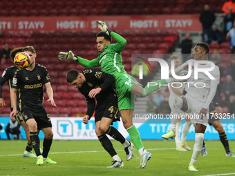 Coventry City goalkeeper Oliver Dovin spills a cross during the Sky Bet Championship match between Middlesbrough and Coventry City at the Ri...