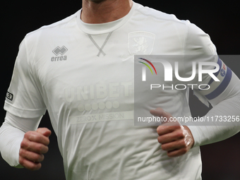 Middlesbrough wears a white kit as part of No More Red Day to raise knife crime awareness during the Sky Bet Championship match between Midd...