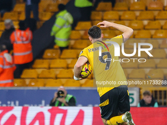 Jorgen Strand Larsen of Wolves celebrates his goal as he races to restart the game during the Premier League match between Wolverhampton Wan...