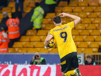 Jorgen Strand Larsen of Wolves celebrates his goal as he races to restart the game during the Premier League match between Wolverhampton Wan...