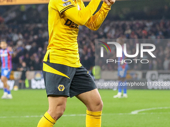 Joao Gomes of Wolves gestures to the fans following his goal during the Premier League match between Wolverhampton Wanderers and Crystal Pal...