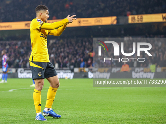 Joao Gomes of Wolves gestures to the fans following his goal during the Premier League match between Wolverhampton Wanderers and Crystal Pal...