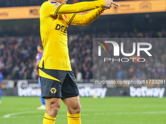 Joao Gomes of Wolves gestures to the fans following his goal during the Premier League match between Wolverhampton Wanderers and Crystal Pal...