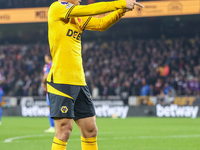 Joao Gomes of Wolves gestures to the fans following his goal during the Premier League match between Wolverhampton Wanderers and Crystal Pal...