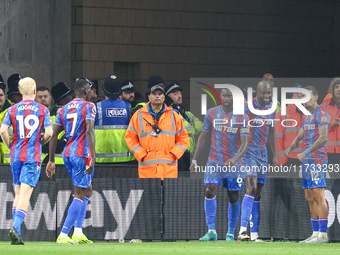 Marc Guehi of Crystal Palace (third from right) celebrates his goal with teammates during the Premier League match between Wolverhampton Wan...