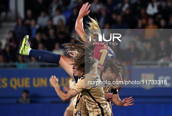 Patri Ojeda, Ane Campos, and Alexia Putellas play during the match between FC Barcelona Women and SD Eibar Women, corresponding to week 8 of...