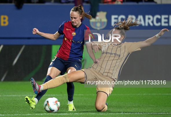 Caroline Graham Hansen and Laura Fernandez play during the match between FC Barcelona Women and SD Eibar Women, corresponding to week 8 of t...