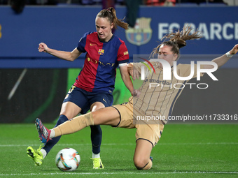 Caroline Graham Hansen and Laura Fernandez play during the match between FC Barcelona Women and SD Eibar Women, corresponding to week 8 of t...