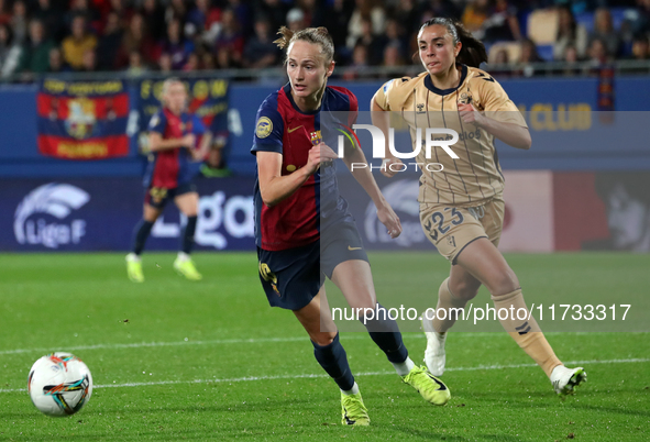 Caroline Graham Hansen and Eider Arana play during the match between FC Barcelona Women and SD Eibar Women, corresponding to week 8 of the L...