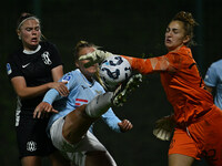 Mina Bergersen of F.C. Como Women, Federica D'Auria of S.S. Lazio, and Astrid Gilardi of F.C. Como Women are in action during the 8th day of...