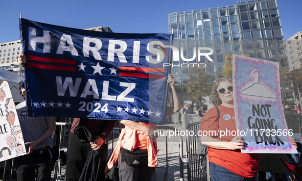 The women's march takes place in Washington, D.C., on November 2, 2024, where thousands of people gather at Freedom Plaza. Eight counter-pro...