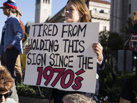 The women's march takes place in Washington, D.C., on November 2, 2024, where thousands of people gather at Freedom Plaza. Eight counter-pro...