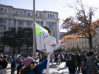 The women's march takes place in Washington, D.C., on November 2, 2024, where thousands of people gather at Freedom Plaza. Eight counter-pro...