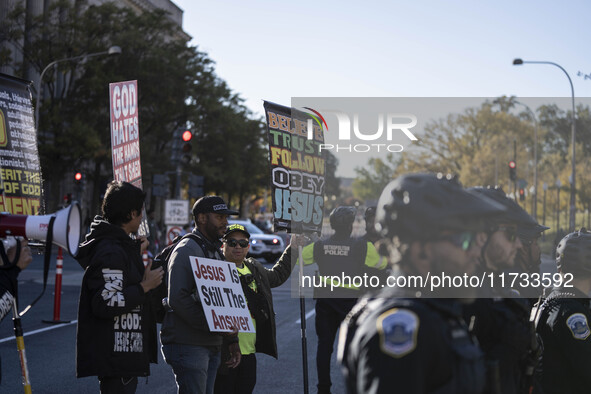 The women's march takes place in Washington, D.C., on November 2, 2024, where thousands of people gather at Freedom Plaza. Eight counter-pro...