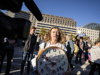 The women's march takes place in Washington, D.C., on November 2, 2024, where thousands of people gather at Freedom Plaza. Eight counter-pro...