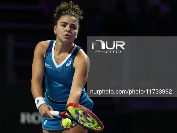 RIYADH, SAUDI ARABIA - NOVEMBER 02: Jasmine Paolini of Italy in action during her match against Kazakhstan's Elena Rybakina at the 2024 WTA...