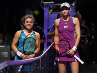 RIYADH, SAUDI ARABIA - NOVEMBER 02: (L-R) Jasmine Paolini of Italy and Elena Rybakina of Kazakhstan, pose for a photo ahead of a match at th...