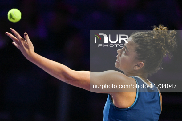 RIYADH, SAUDI ARABIA - NOVEMBER 02: Jasmine Paolini of Italy in action during her match against Kazakhstan's Elena Rybakina at the 2024 WTA...