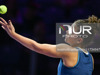 RIYADH, SAUDI ARABIA - NOVEMBER 02: Jasmine Paolini of Italy in action during her match against Kazakhstan's Elena Rybakina at the 2024 WTA...