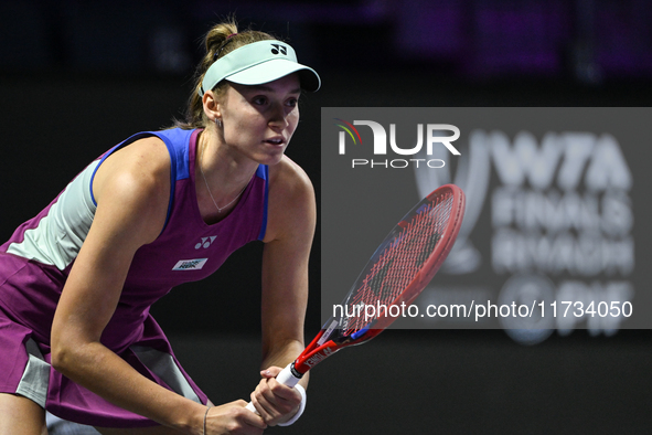 RIYADH, SAUDI ARABIA - NOVEMBER 02: Elena Rybakina of Kazakhstan during her match against Jasmine Paolini of Italy at the 2024 WTA Finals, p...