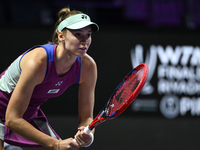 RIYADH, SAUDI ARABIA - NOVEMBER 02: Elena Rybakina of Kazakhstan during her match against Jasmine Paolini of Italy at the 2024 WTA Finals, p...