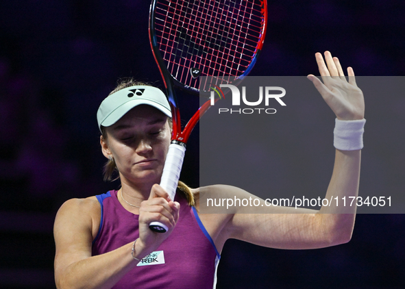 RIYADH, SAUDI ARABIA - NOVEMBER 02: Elena Rybakina of Kazakhstan during her match against Jasmine Paolini of Italy at the 2024 WTA Finals, p...