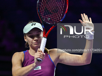 RIYADH, SAUDI ARABIA - NOVEMBER 02: Elena Rybakina of Kazakhstan during her match against Jasmine Paolini of Italy at the 2024 WTA Finals, p...