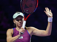 RIYADH, SAUDI ARABIA - NOVEMBER 02: Elena Rybakina of Kazakhstan during her match against Jasmine Paolini of Italy at the 2024 WTA Finals, p...