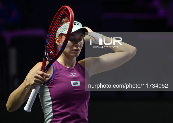 RIYADH, SAUDI ARABIA - NOVEMBER 02: Elena Rybakina of Kazakhstan during her match against Jasmine Paolini of Italy at the 2024 WTA Finals, p...