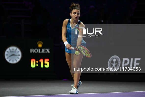 RIYADH, SAUDI ARABIA - NOVEMBER 02: Jasmine Paolini of Italy in action during her match against Kazakhstan's Elena Rybakina at the 2024 WTA...